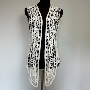 Boho Crochet Lace Open Vest Cream Sleeveless Duster Cardigan Festival One Size